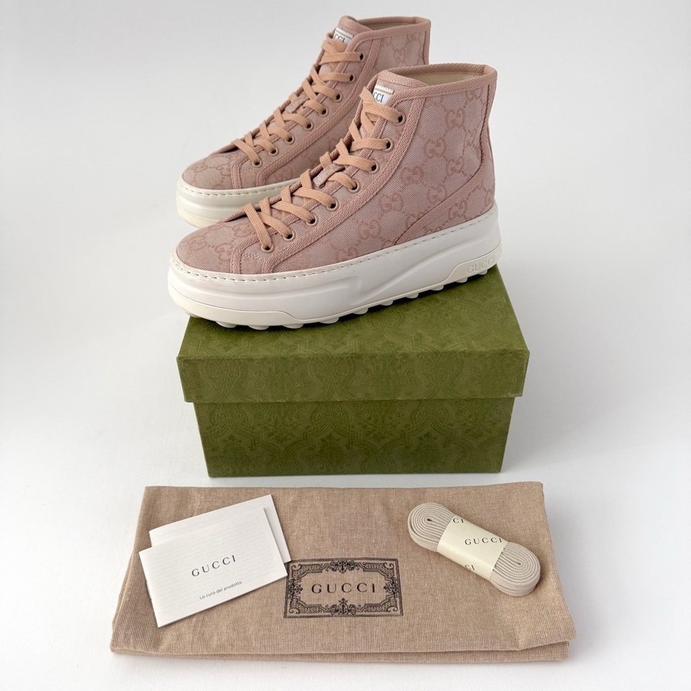 GUCCI | Pink GG Canvas High Top Platform Sneakers Tennis 1977 EU 38 - Picture 1 of 16